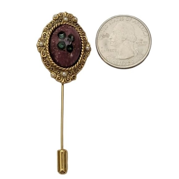 1928 Brand Gold Tone Rose Glass Art Glass Stick Lapel Pin, K45 - Picture 5 of 9
